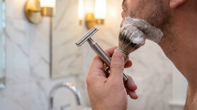 Man applying shaving foam with brush and holding safety razor during morning grooming routine in bathroom