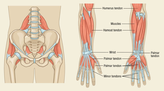 Anatomical illustration of the human arm and shoulder muscles with labeled tendons and bones in a detailed medical diagram.