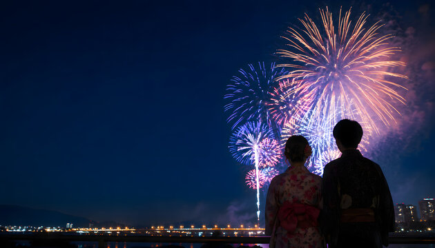 夏の夜空を彩る花火大会と浴衣姿のカップルの後ろ姿