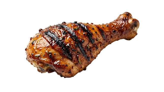 Grilled Jamaican jerk chicken drumstick with spicy sticky glaze isolated on black background
