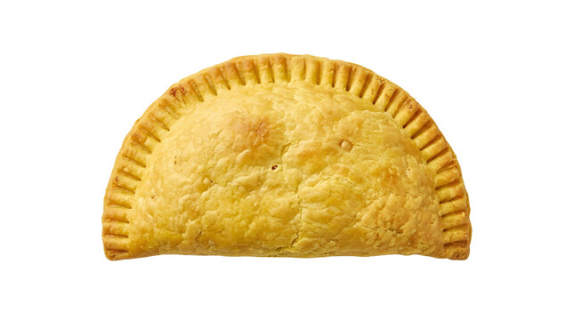 Traditional Jamaican beef patty with flaky golden crust isolated on a solid white  background