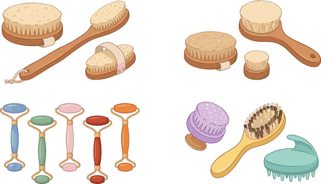 Personal Care and Beauty Tools Illustration Featuring Body Brushes, Facial Rollers, and Scalp Massagers for Self-Care Routine