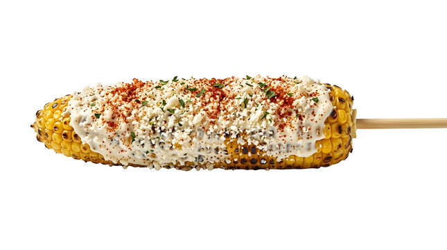 Traditional Mexican Elote grilled corn on the cob with cotija cheese and chili isolated on white background