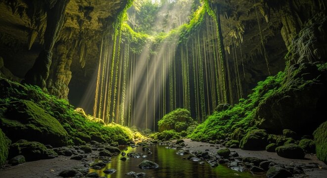 Photorealistic view of vibrant green vines hanging from the ceiling of a dark and mysterious jungle cave