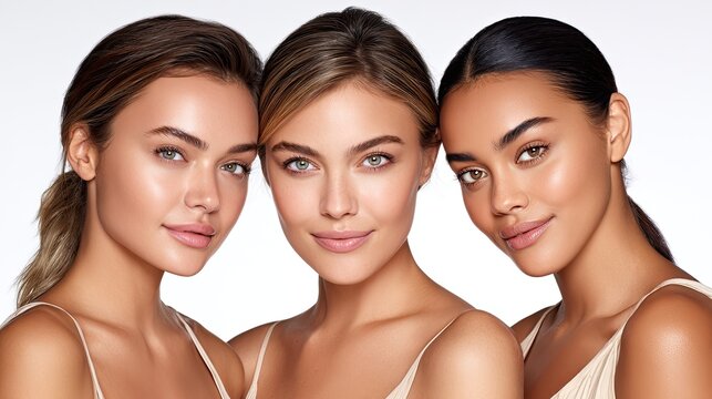 Group closeup portrait of multiracial women with natural healthy glowing skin, diverse beauty skincare cosmetic aesthetic promotional graphic