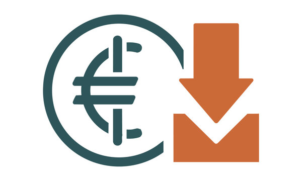 Minimalist icon of a currency symbol in a circle with a downward arrow on a white background for depreciation and financial loss concept