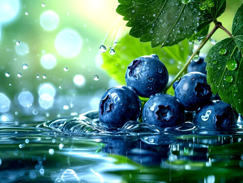 Ripe blueberries with water droplets and green leaves against a background of natural glare. Concept of natural freshness and health.