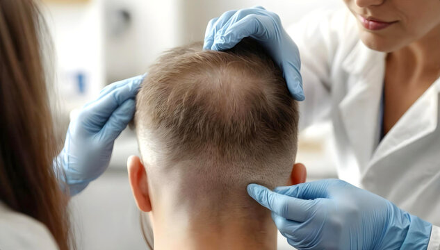 Medical examination of a man's head for diagnosing hair loss. Concept: Attention and care for hair health.