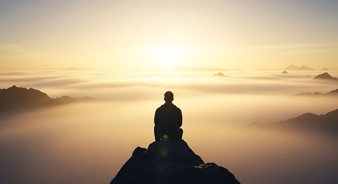 Silhouette Man Sitting on Cliff at Sunrise Over Clouds