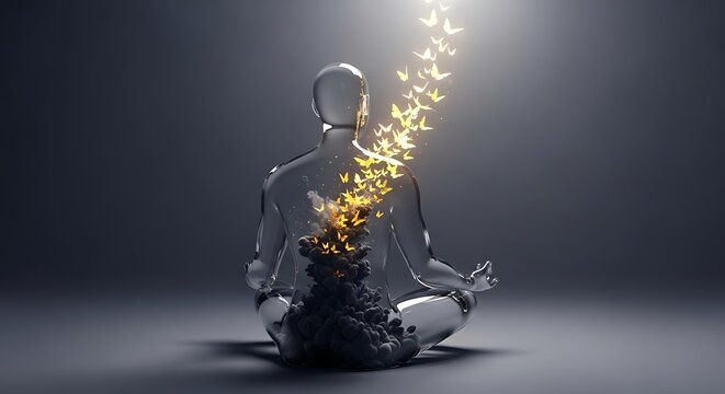 Glowing Abstract Figure Meditating Surrounded by Smoke and Golden Birds