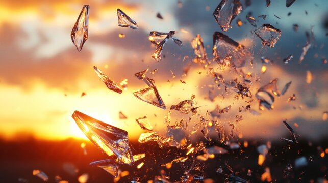 Shattered glass shards explode against a vibrant sunset