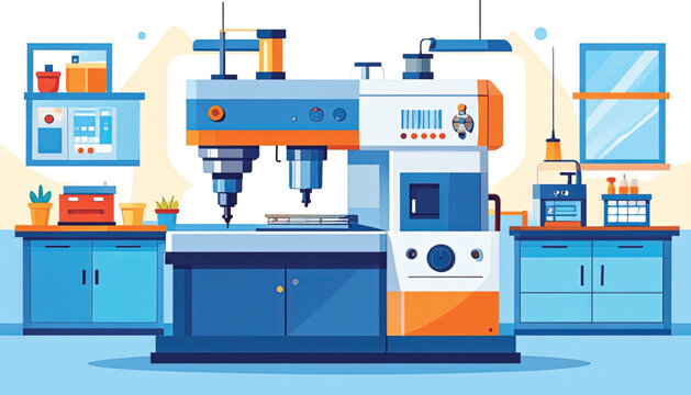 Industrial drilling machine in workshop.