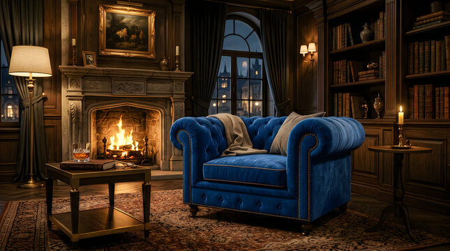 Blue velvet armchair in a cozy library with a fireplace