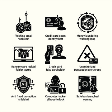 Black solid cyber crime fraud and hacking security icon set