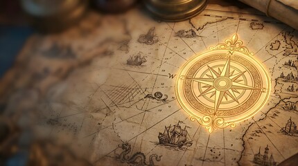 Glowing vintage nautical compass on an old world treasure map background © Mark