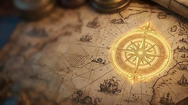 Glowing vintage nautical compass on an old world treasure map background