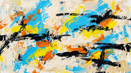 Fototapeta premium Dynamic modern abstract painting with vibrant blue orange and yellow brushstrokes on textured canvas