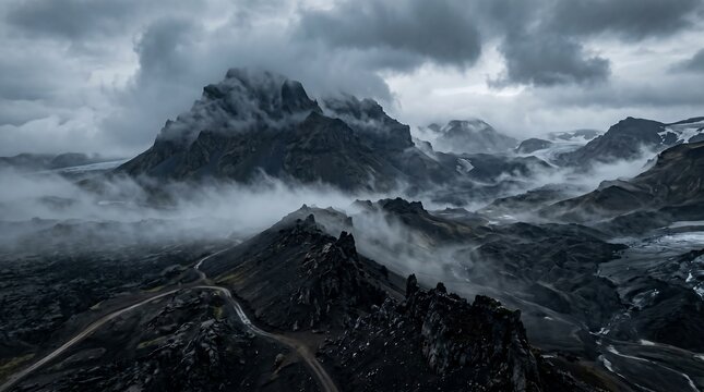 Drone view of dramatic volcanic mountain range shrouded in moody clouds and mist