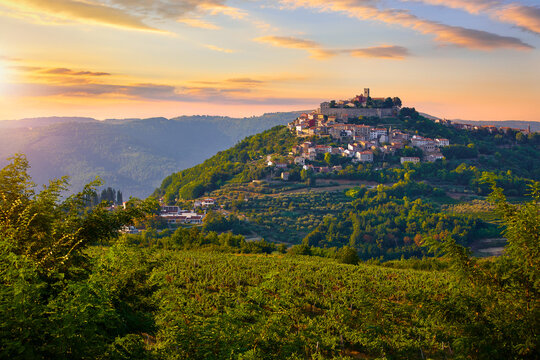 Antique city Motovun Croatia Istria. Picturesque panorama age-old village at hill with pink cloud and sunny light and authentic home with red tegular roof and green vineyard garden.