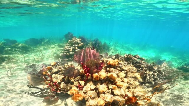 Split shot view of a coral reef in the Caribbean sea