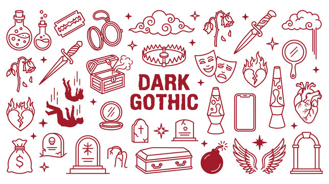 Dark gothic vector line art icon set, mystic and spooky symbols collection.
