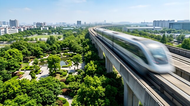 High-speed passenger train traveling on elevated tracks over city park
