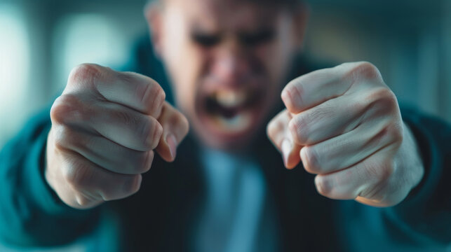 A person clenching their fists in anger, feeling intense rage, with a chaotic room setting and a sense of aggression and hostility
