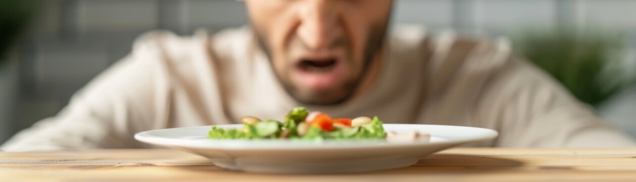 A person recoiling from a plate of food, depicting a strong sense of disgust, with a close-up of the unpleasant meal and a look of revulsion