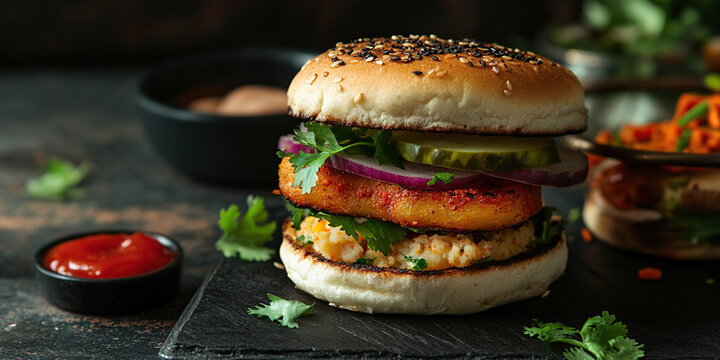 Dabeli spicy mashed potato burger on the table