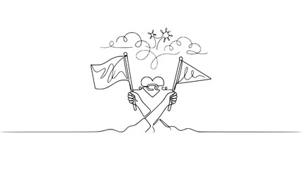 Obraz premium Two hands holding flags with heart symbol and abstract shapes above, continuous line art