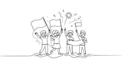 Fototapeta premium Joyful Children Celebrating with Flags and Confetti - Line Art Illustration