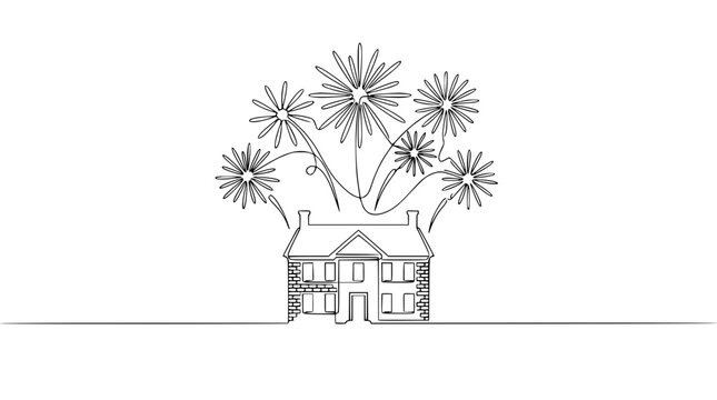 Minimalist single line drawing of a house with fireworks exploding above