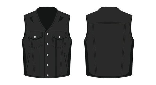 Professional Black Denim Waistcoat Biker Gilet Mockup Front and Back View for Fashion Design Templates