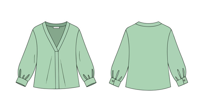 Green Long Sleeve Women Blouse Technical Flat Sketch Front and Back View V-neck Shirt Fashion Design Template