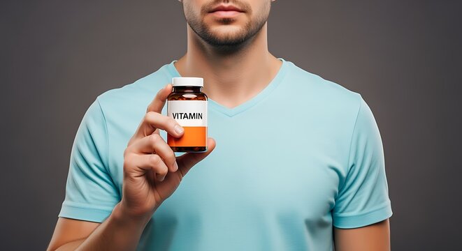 Vitamin Supplement Bottle Held by Man for Daily Healthy Living