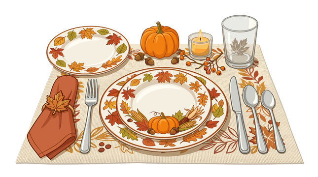 Thanksgiving Table Setting with Autumn Leaves Pumpkins and Candle
