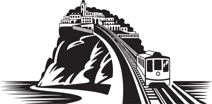 Old train approaching small town on hill vector illustration.