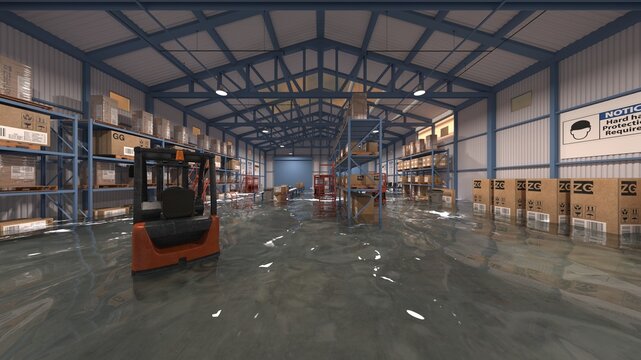 浸水した倉庫　3DCGレンダリング
