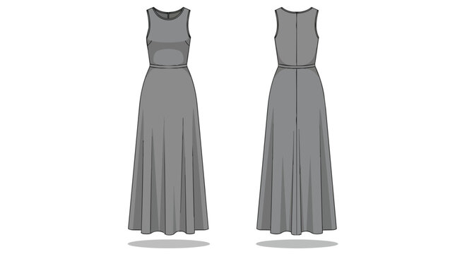 Women's Sleeveless Floor Length Maxi Dress Technical Sketch Front and Back Views Fashion Template Design