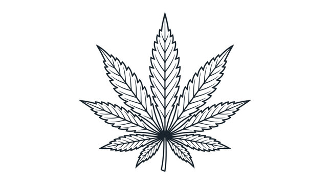 Cannabis leaf illustration, marijuana symbol, black and white outline drawing