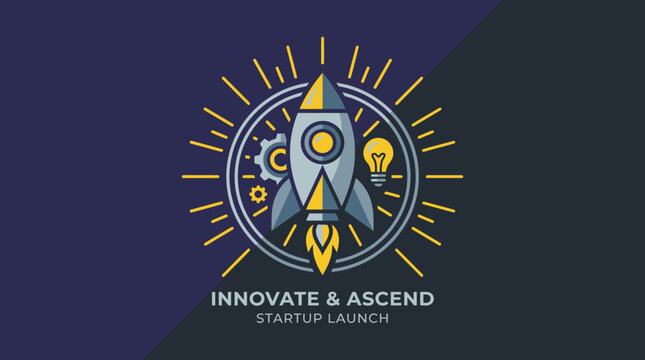 Startup launch logo with rocket and sunburst design.