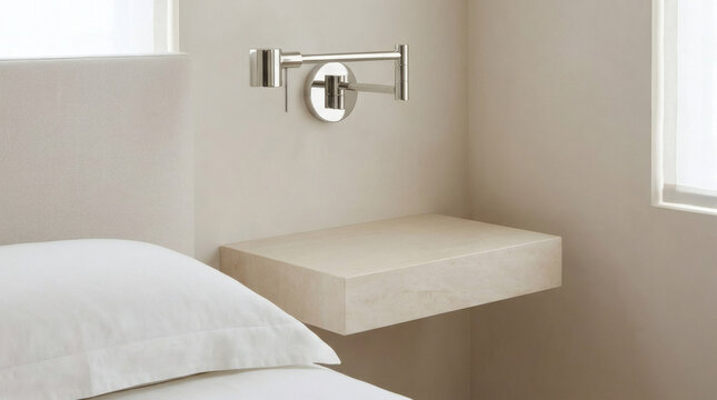 Wall mounted swing arm lamp hangs above a minimalist stone floating shelf next to a soft white pillow.