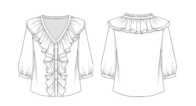 Women's Ruffled V-Neck Blouse Technical Fashion Drawing Flat Sketch Front and Back View Design Template Illustration