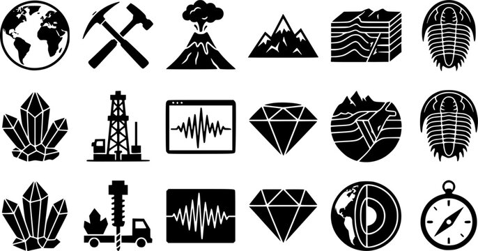 Geology Silhouette Icons &ndash; Earth Science & Research Vector Bundle