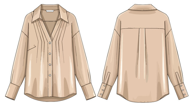 Beige Oversized Long Sleeve Button Down Shirt with Pleated Detail Front and Back View Technical Illustration