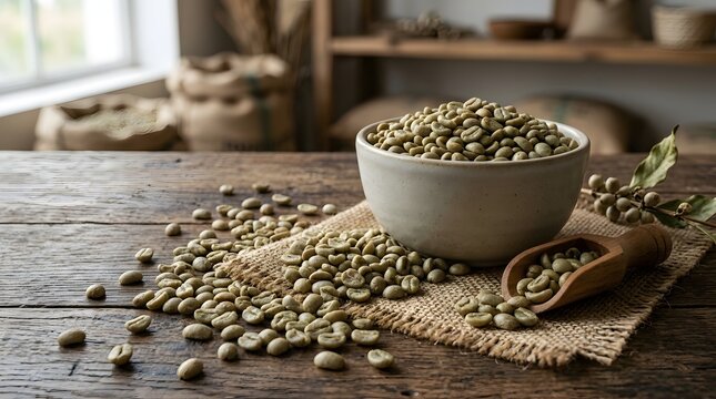Agricultural Raw Coffee Beans Harvest in Bowl on Vintage Wooden Counter