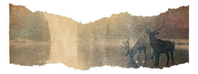 Naklejka premium PNG Rustic deer silhouettes beside a shimmering waterfall landscape, transparent background