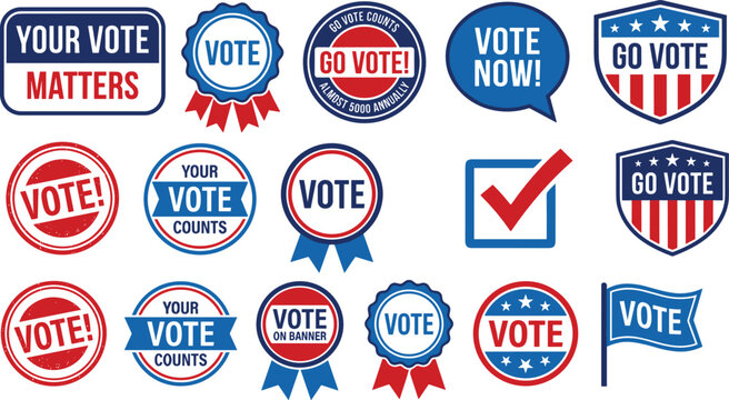 Patriotic voting badge collection featuring election campaign stickers, vote now labels, democracy symbols and civic participation graphics