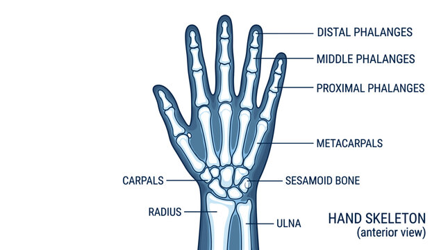 Anterior view of the human hand skeleton with labels for bones