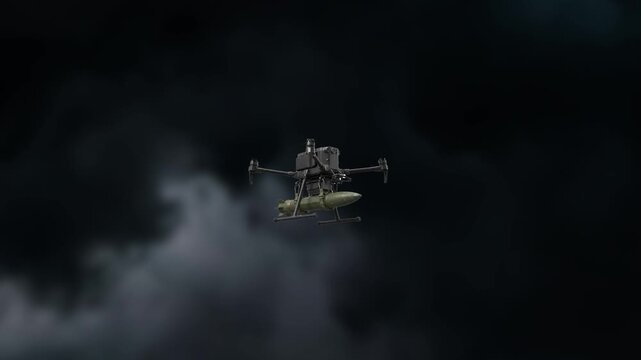 Unmanned Aerial Vehicle Carrying Compact External Payload Flying Through Dark Storm Clouds &ndash; Cinematic Aerospace and Advanced Aviation Technology Concept